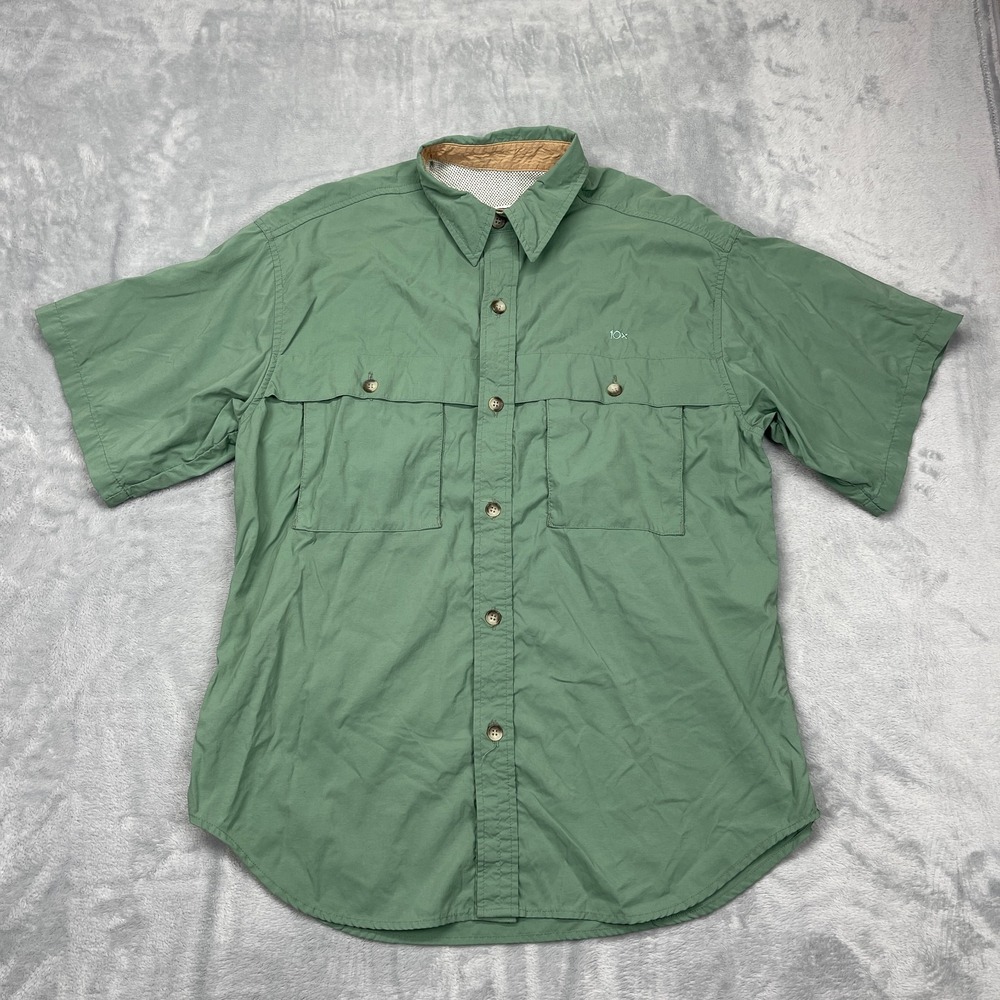 10x Fishing Shirt Mens Large Green Chest Pocket Short Sleeve Collared Button Up